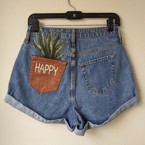 Handpainted Denim Shorts with Plant Pocket Artistic Streetware
